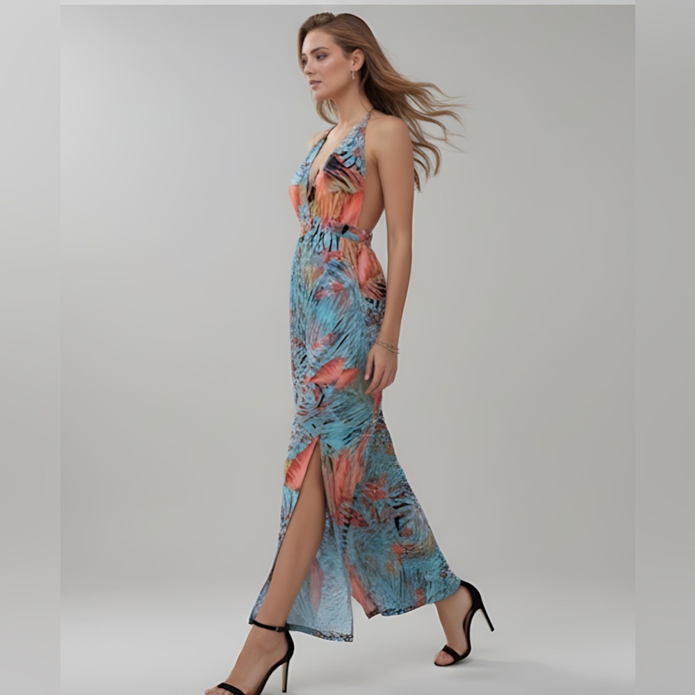 Tropical Print Tie Backless Split Thigh Halter Jumpsuit - Picture 2 of 8